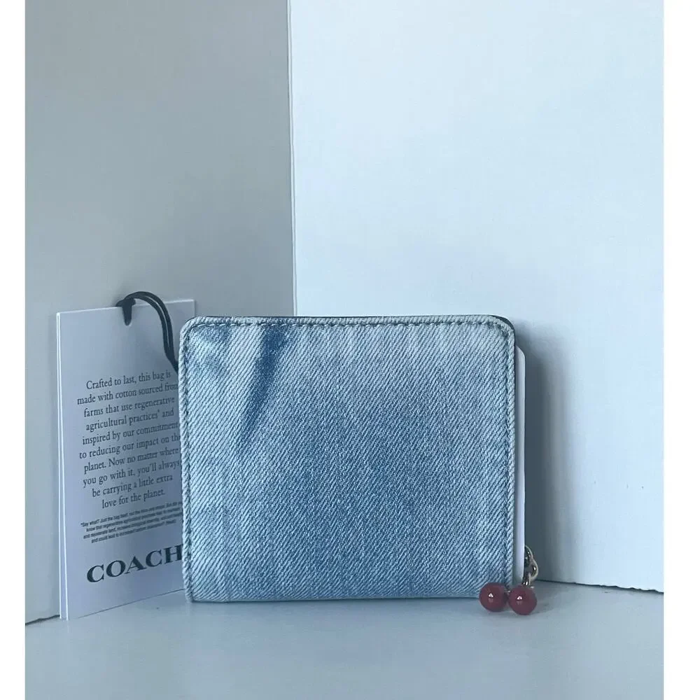Coach Snap Wallet CEC35 Loved Denim Light Indigo Cherry Charm